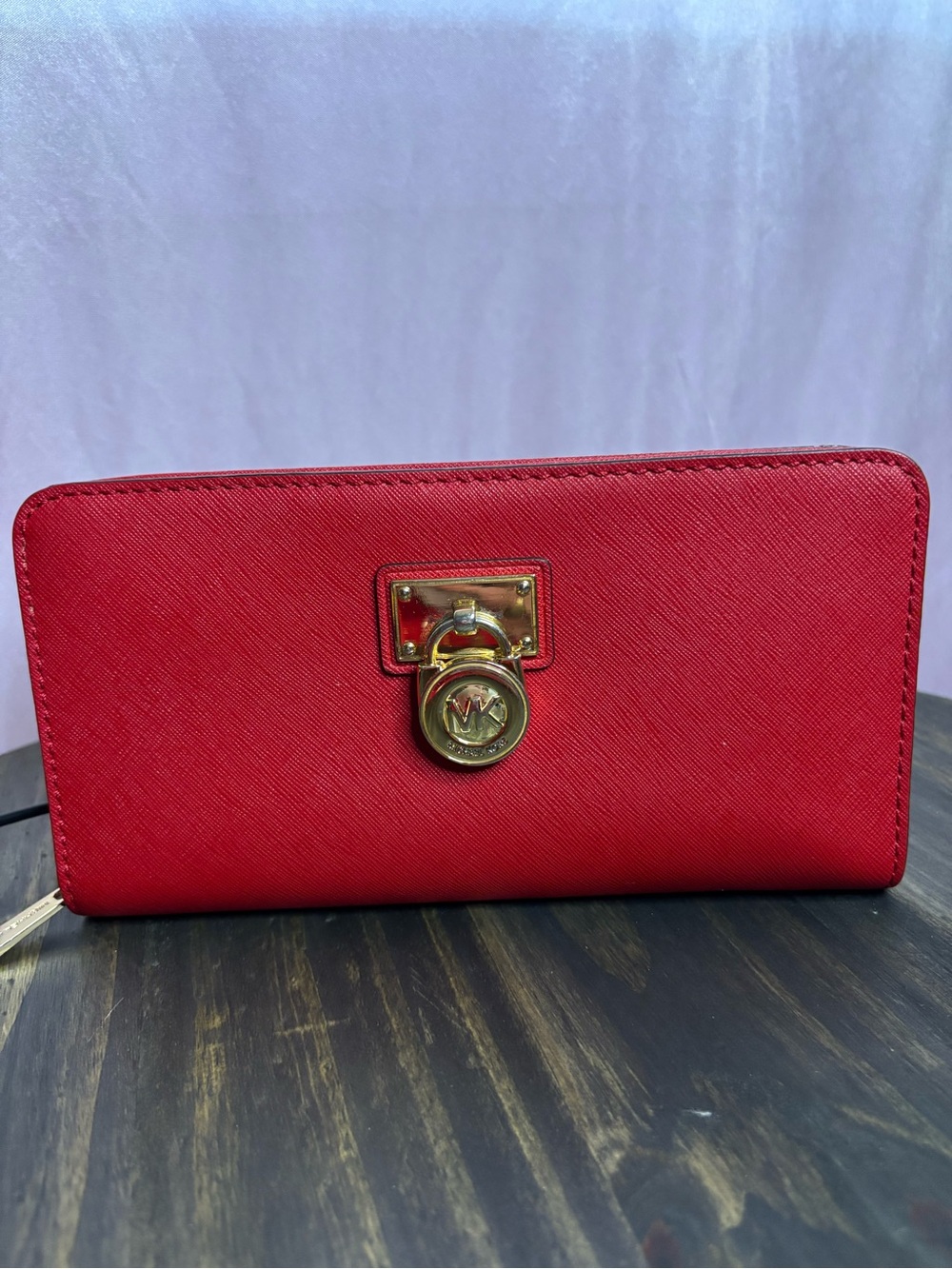 Michael Kors Red Saffiano Zip-Around Wallet with Gold Lock